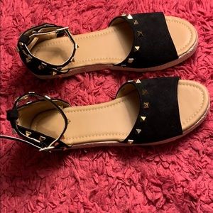 Women’s open toe espadrille ankle strap with gold studs